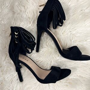 Guess Black Suede Fringe Ankle-Strap Heels